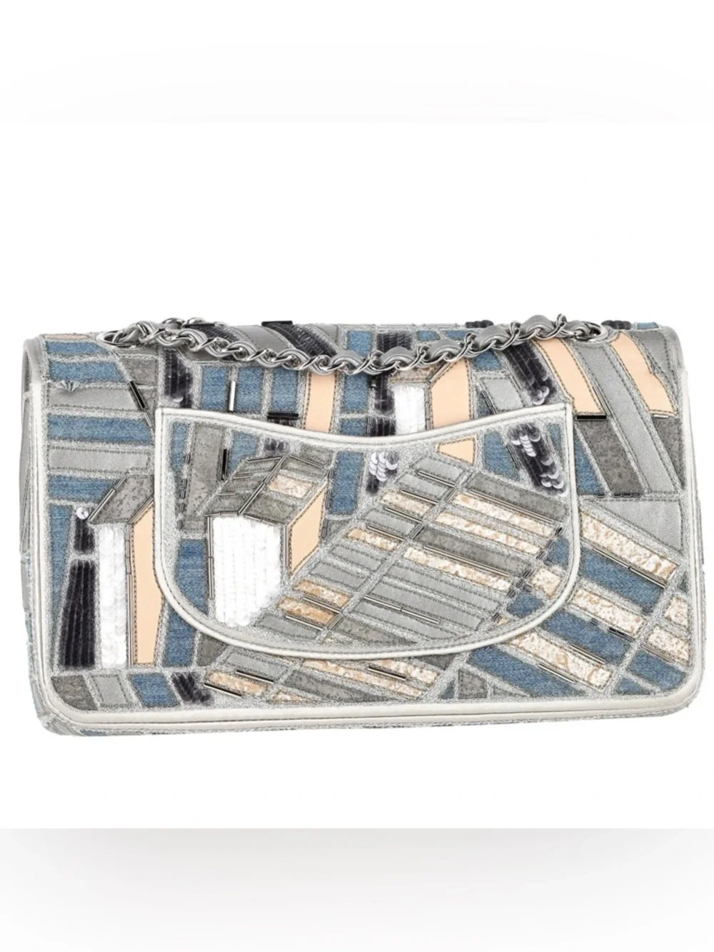 CHANEL RARE Silver, Blue & Cream Mosaic Quilted Denim Flap Shoulder Bag NWOT - Picture 4 of 8